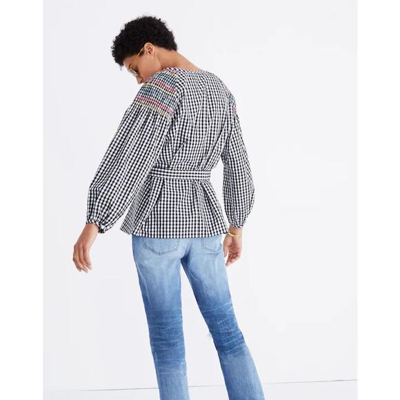 Madewell Embroidered Smocked Gingham Top Size Small Black White - Picture 2 of 12